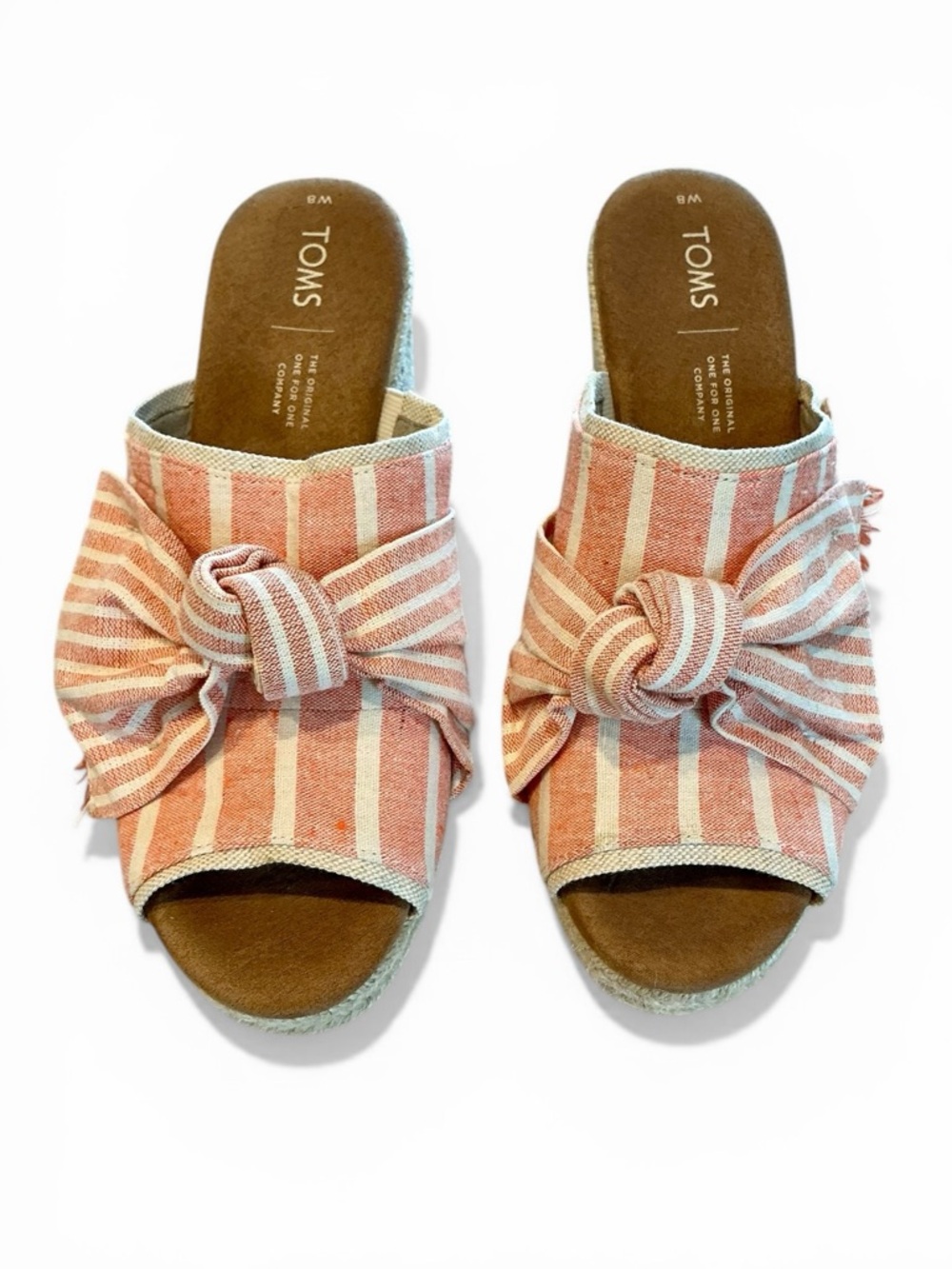 Toms Junie Canvas Espadrille Slide Peep Toe Heel Orange Cabana Stripe Size 8 - Picture 4 of 8